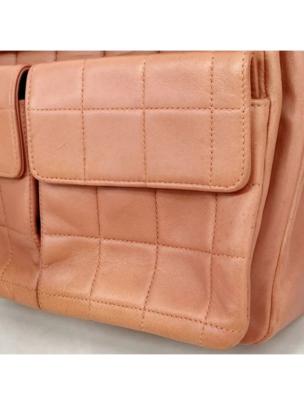 Chanel Shoulder Bag Choco Bar Lambskin Coral Pink Silver